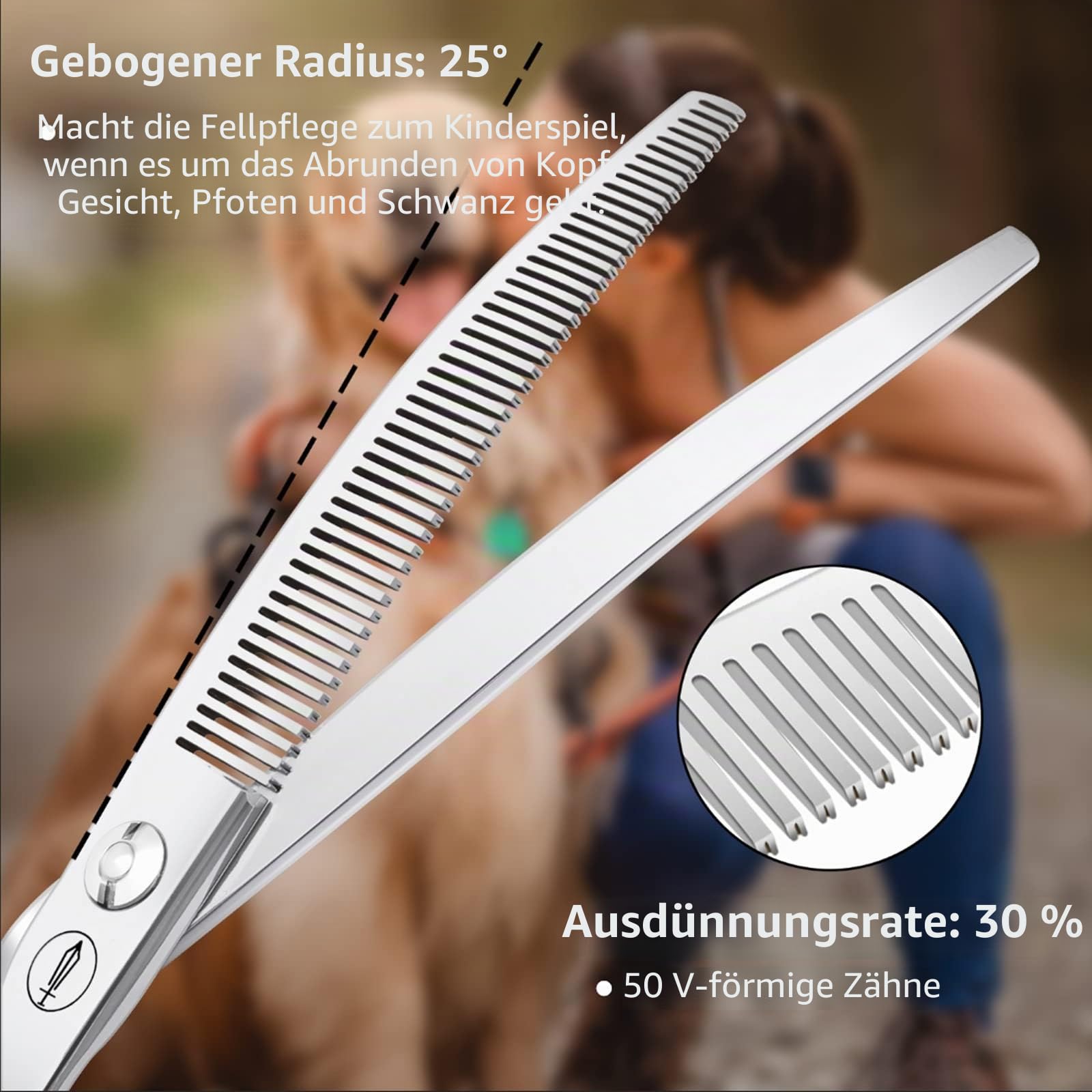 HASHIMOTO Gebogene Effilierschere für Hunde und Katzen, 50 Zähne, 17,8 cm, 30 % Effilierrate, leicht, für professionelle Tierfriseure und die Fellpflege zu Hause