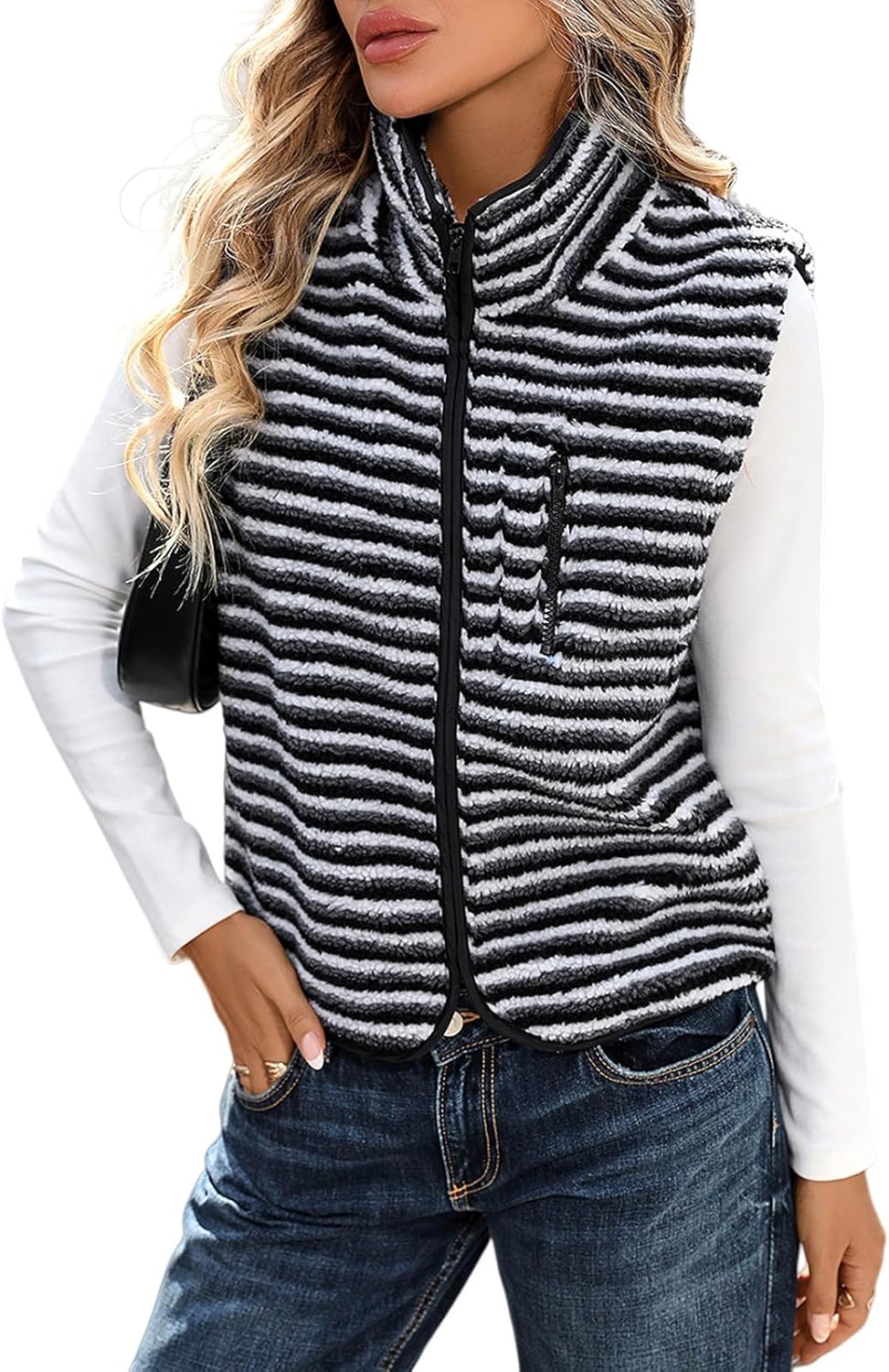 HOTIAN Womens Striped Sherpa Vest Fleece High Neck Zip Up Jacket Sleeveless Warm Outwear with Pockets