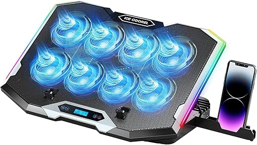Proffisy Laptop Cooling Pad, 8 Silent Fans Cooler Pad with 6 Wind Speed Modes, 10 Modes RGB Light, 6 Height Adjustment, LCD Display Gaming Cooling…
