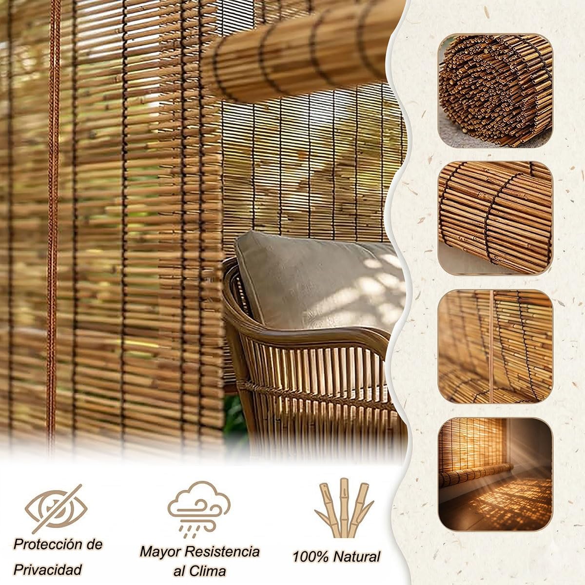 Persianas Enrollable Cortina de Bambu Exterior, 80 100 120 200cm, Opacidad 70% Persianas Enrollables Exterior para Porche Cenador Terraza, Natural Estores de Bambú, Protección Solar(W160cm x H120cm)