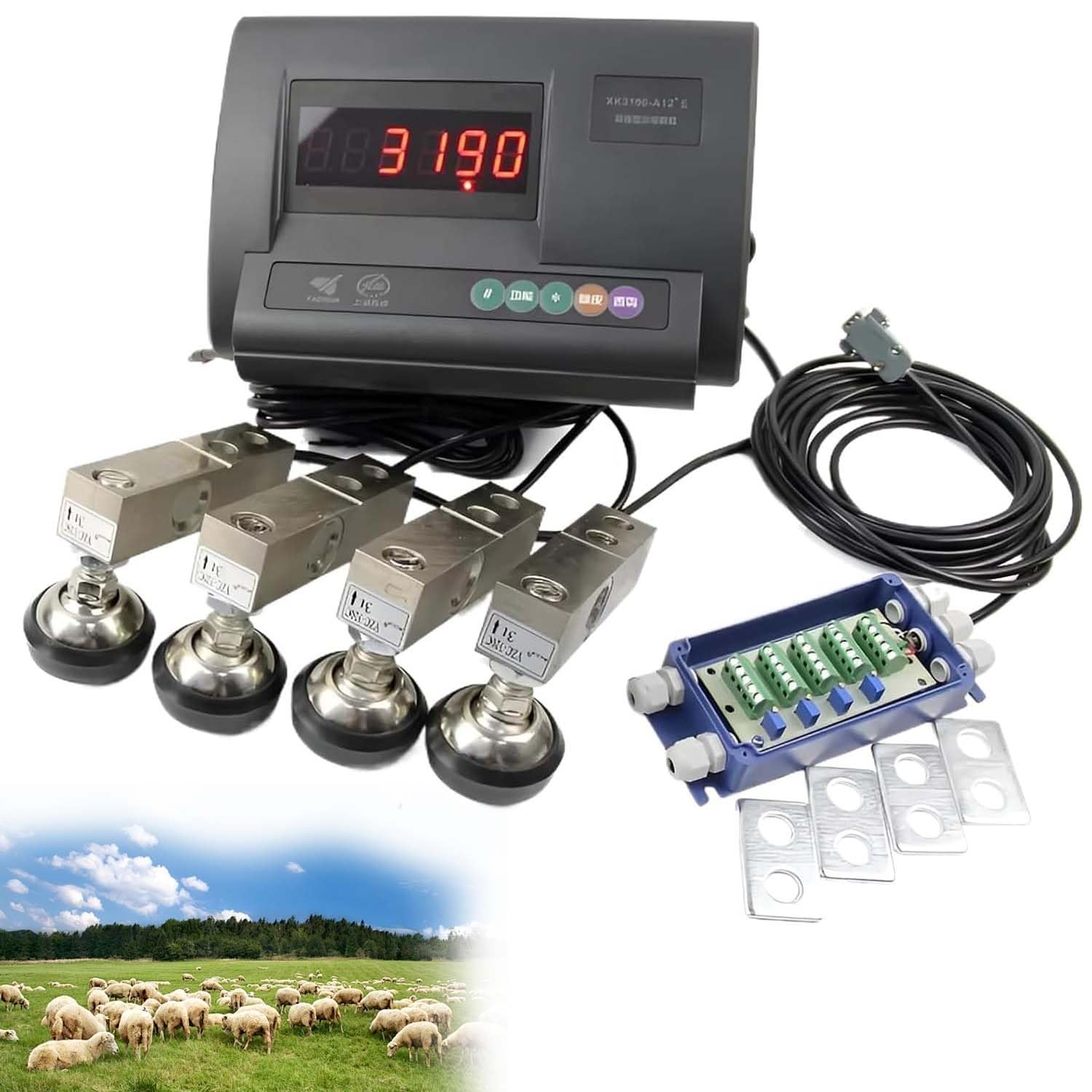 Livestock Scale Kit, 5000kg Capacity High Precision Indicator Load Cell Scale 4-Wire Junction Box Animal Weighing Platform for Cattle Pigs Goats Horses Farms