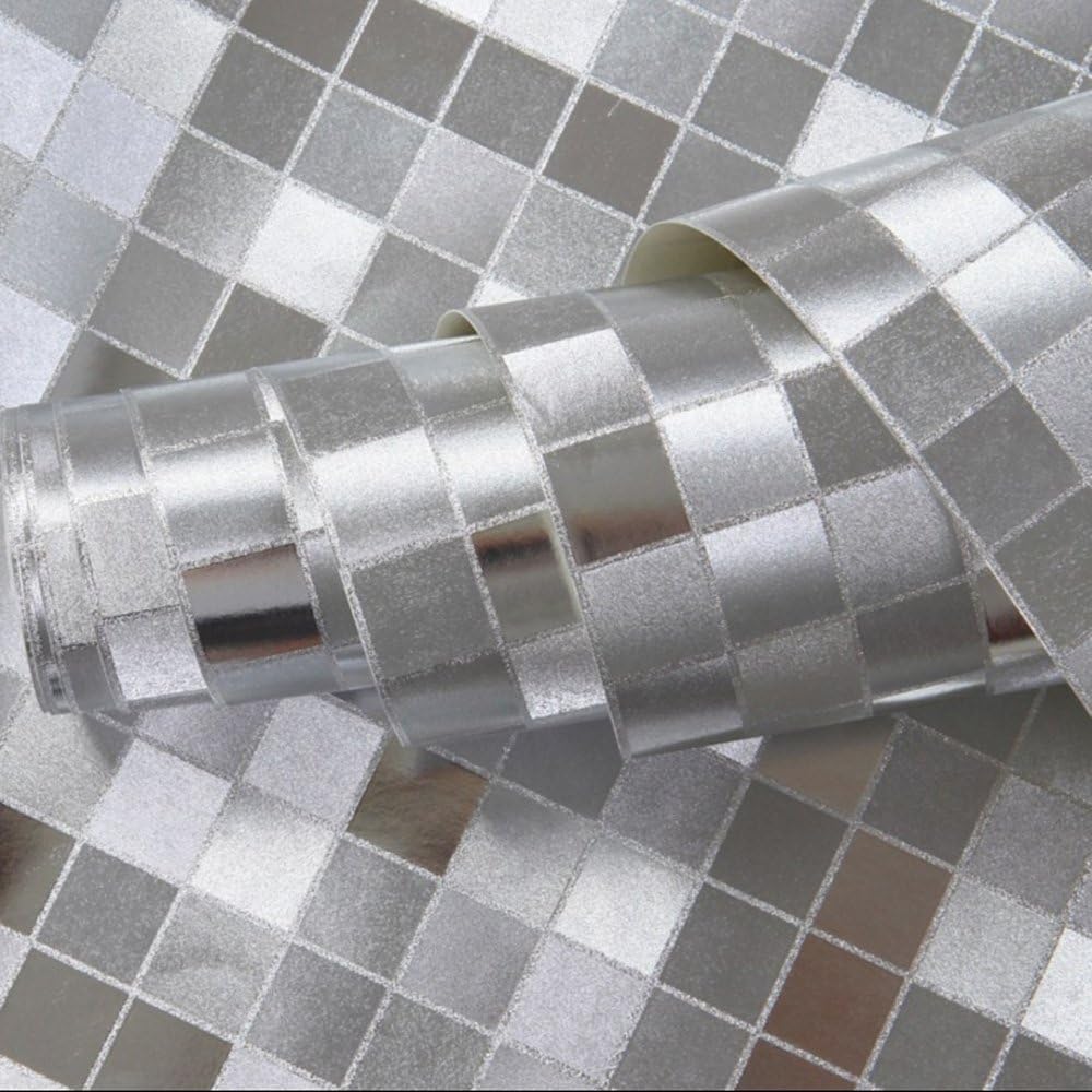 QIHANG Silver Foil Big Mosaic Background Flicker Wall Paper Modern Roll Silver Color 1.73' W x 32.8' L = 57 Square feet