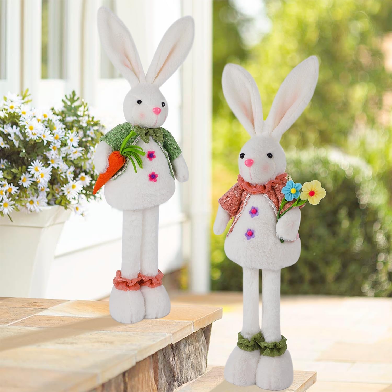 Glintoper 2 Pack Easter Standing Bunny with Stretchable Legs, 18" to 25" Plush Rabbits Couple Figurine, Cute Party Favor Photo Props Gifts for Office Kitchen Farmhouse Front Door Spring Home Decor