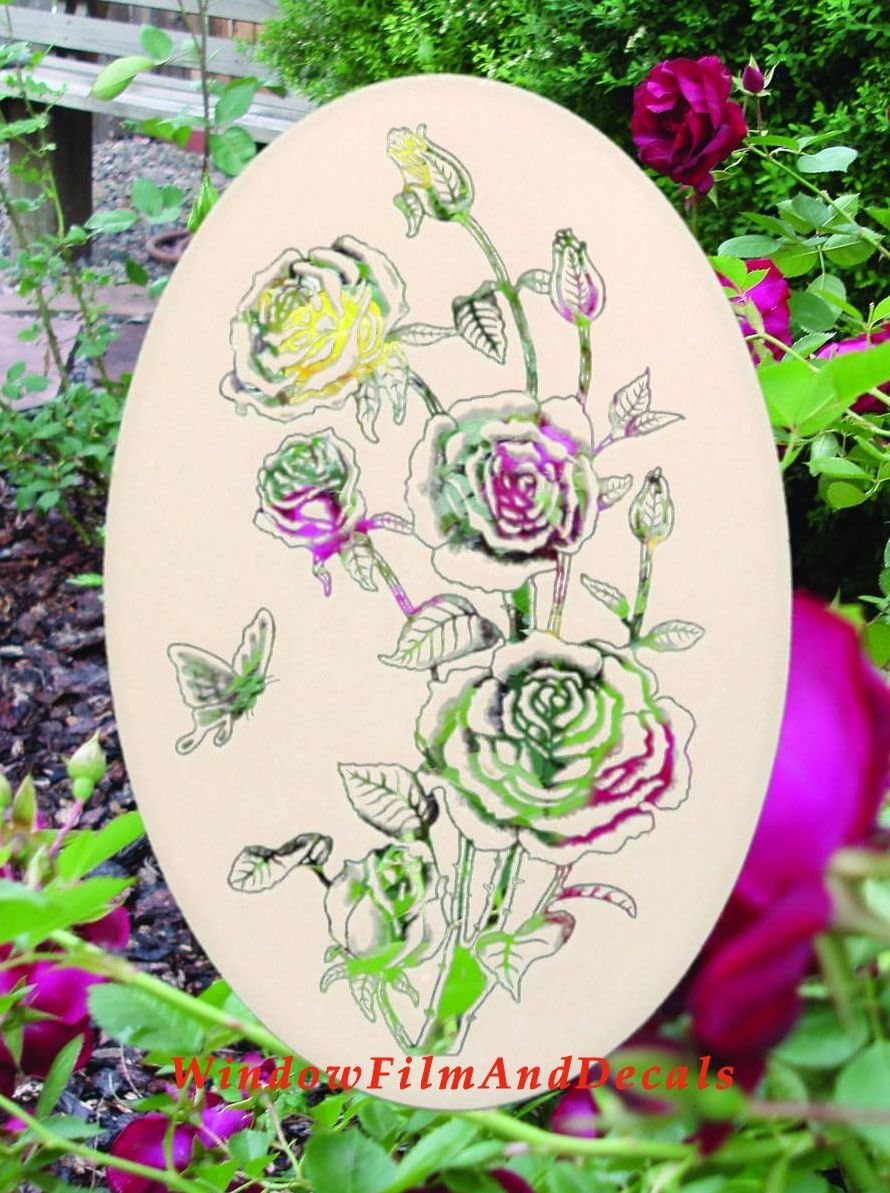 Roses Etched Window Decal Vinyl Glass Cling - 15" x 23" - White w/Clear Design Elements