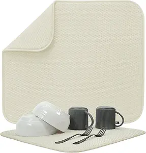 S&T INC. Dish Drying Mat, 16” x 18”, Absorbent Microfiber Kitchen Counter Mat, Drying Pad for Dishes, Utensils, Pots and Pans, Large, Diamond Texture, Cream
