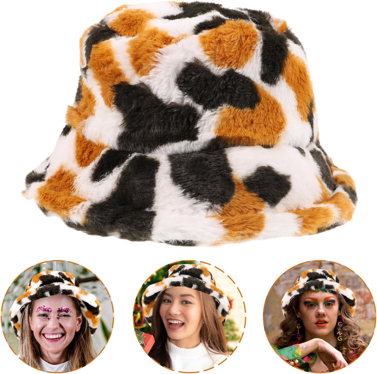 TEHAUX Cow Print Bucket Hat for Women Plush Warm Fisherman Hat Cute Decorative Fall Winter Outdoor Cap with Thick Fleece Multi
