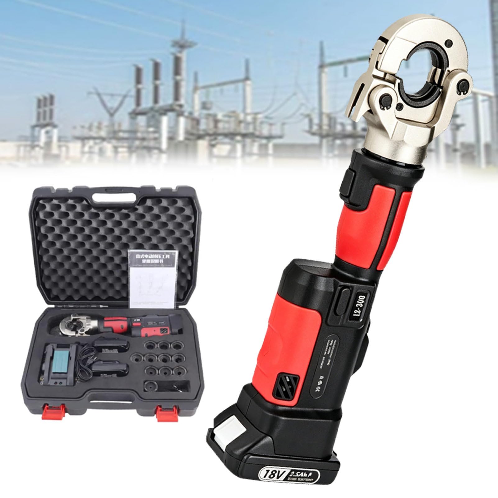 Pvxa Battery Powered Hydraulic Clamp Tool, Efficient Cable Lug Crimper, Handheld Hydraulic Crimping Pliers, 360° Rotating Head, for Electrical Terminals Red