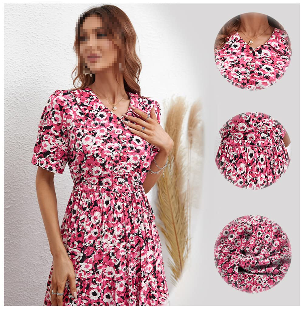 Vsadsau Vestido largo de manga corta con estampado floral para mujer, vestido de verano, oficina, fiesta, casual, acampanado, vestido midi