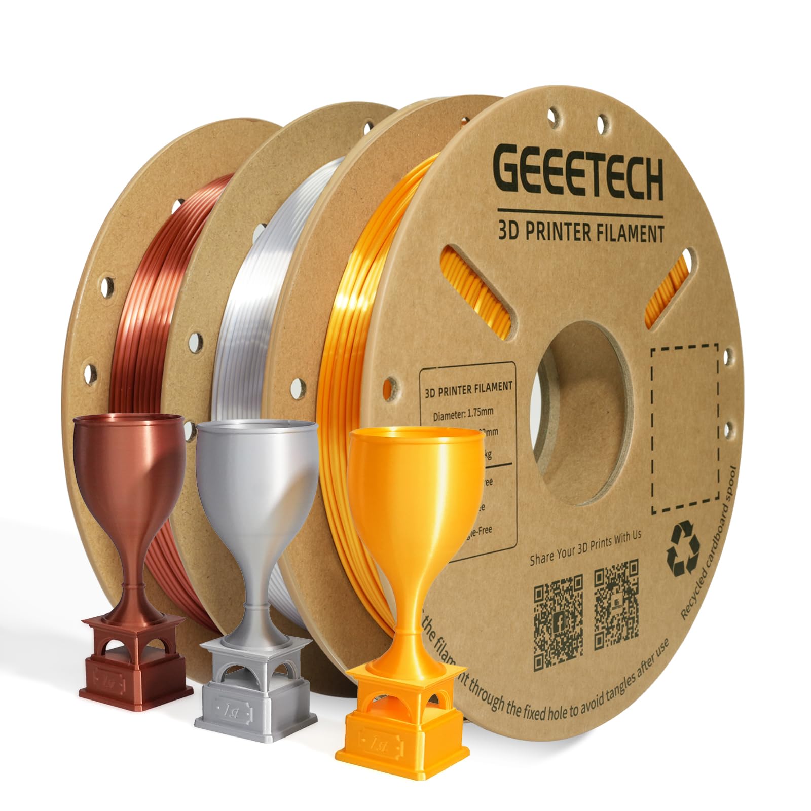 Geeetech Silk PLA 3D Printer Filament, 1.5KG Metallic Silver+Copper+Gold | Metal-Like Shi…