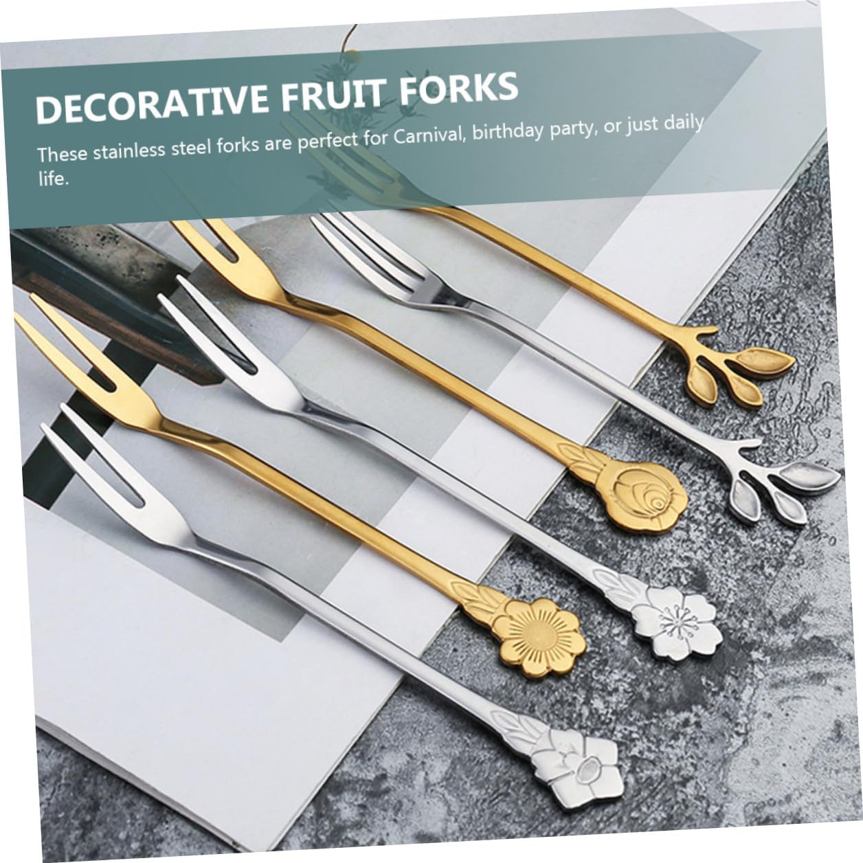 COLLBATH 10pcs Titanium Coated Two-tine Fruit Forks and Dessert Forks Set for Home Use Small for Cake Snacks and Fruit Serving
