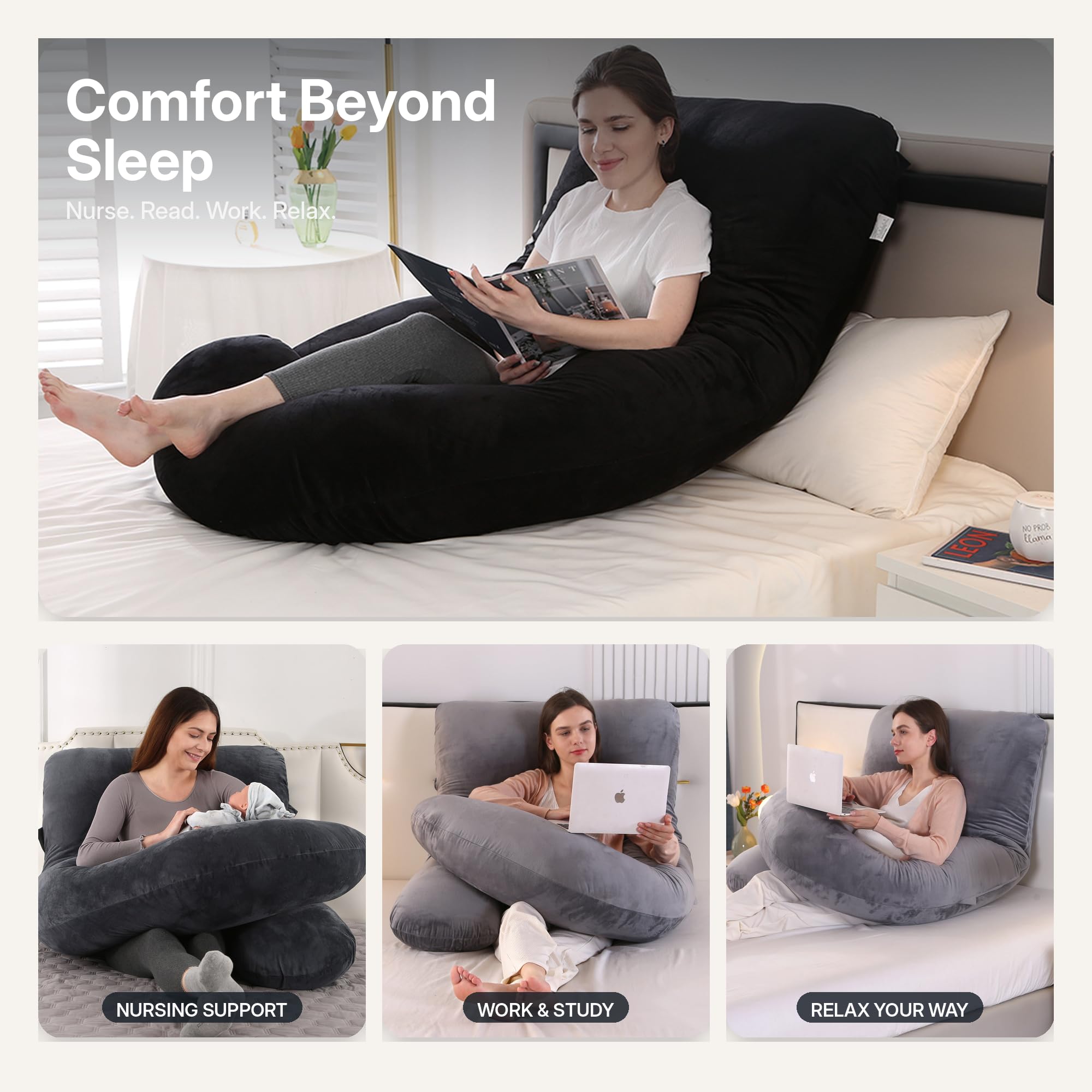 ALLOPERA, Coussin de Grossesse 145 cm – Soutien Jambes, Dos, Cou, épaules, Hanches, Ventre pour Femmes Enceintes, avec Housse Amovible et Lavable en Velours (Gris Noir)