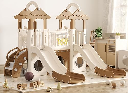 KORIMEFA Tobogán 10 en 1 para niños pequeños, doble tobogán para niños pequeños de 1 a 3 años, aro de baloncesto y telescopio, tobogán para