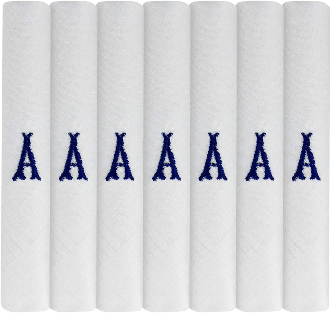 7 Pack Of Mens Initial Embroidered White Handkerchiefs With Satin Border, Various Letters