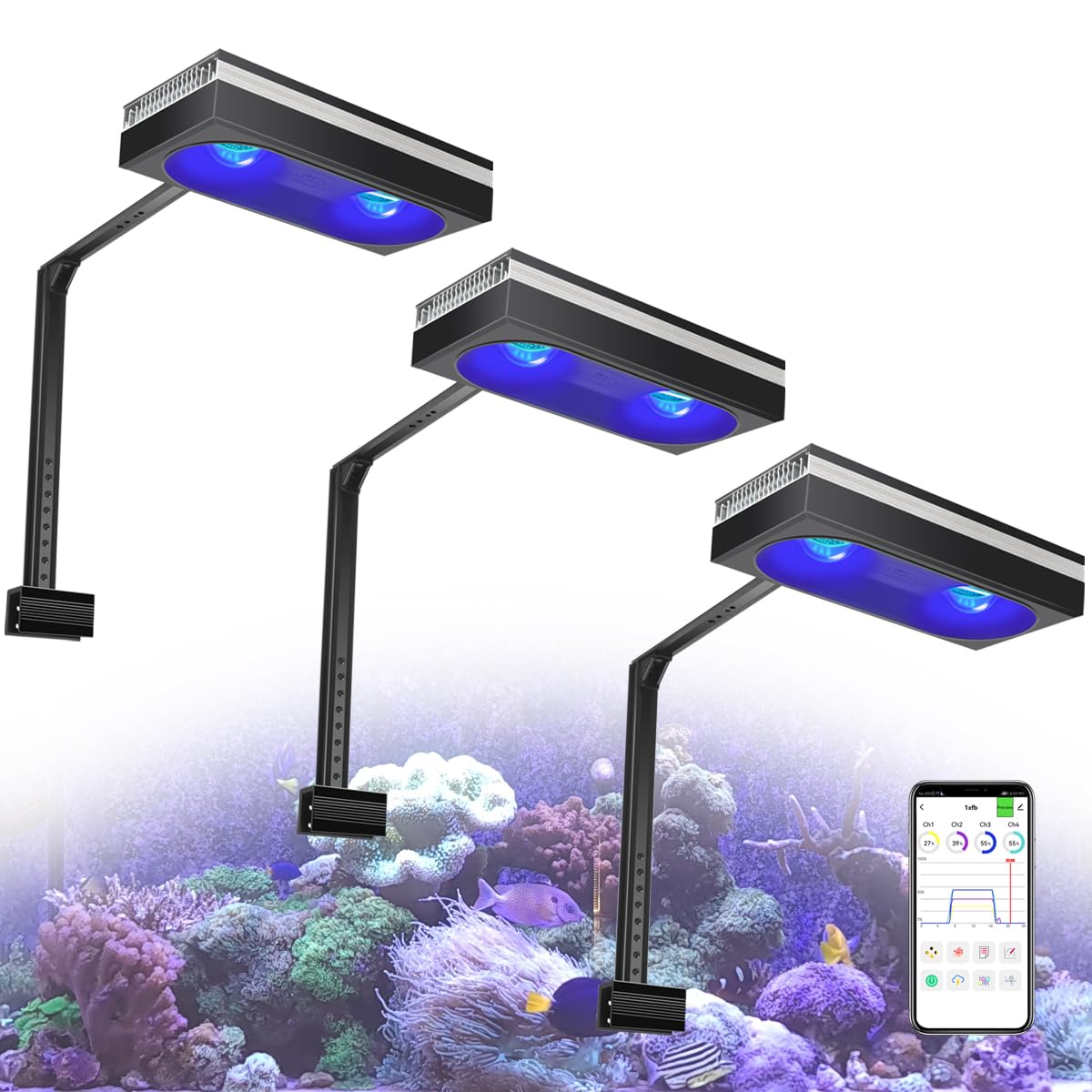 PopBloom 3x RL180 Lumière LED à spectre complet pour aquarium récifal marin eEclairage pour aquarium de 72-96Inch avec contrôle APP