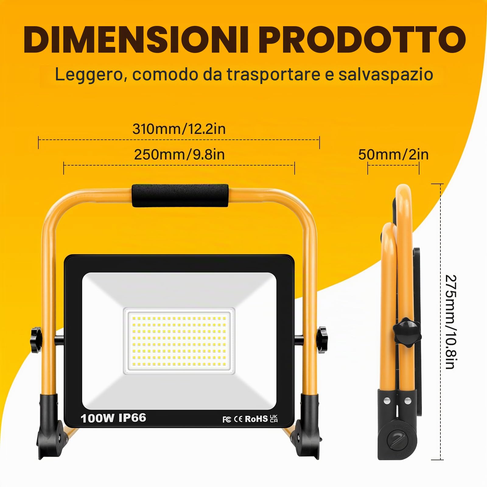 SKYWORLD Faro da Cantiere, 100W 10000LM Faretto Led Interno Portatile | Proiettore Led con Staffa Pieghevole, 3M Cavo e EU Spina per Cantiere Officina Garage Industriale Giardino, 6000K Bianco