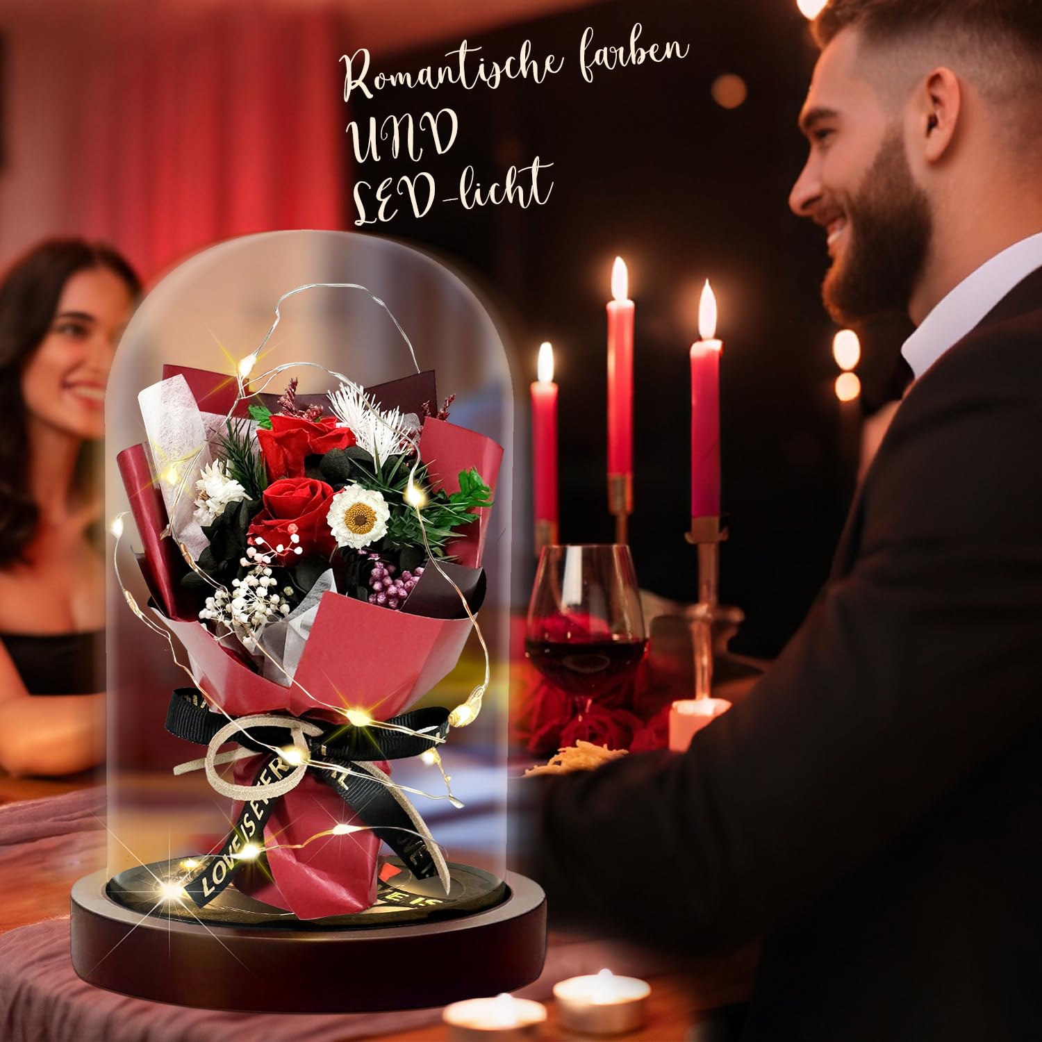 Geschenk für Frauen, Ewige Rose im Glas mit LED, Rote Rose Blumenstrauß, Dekoration für Zuhause, Langlebige Echte Blumen für Mama, Freundin, Ehefrau, Oma (Rot)