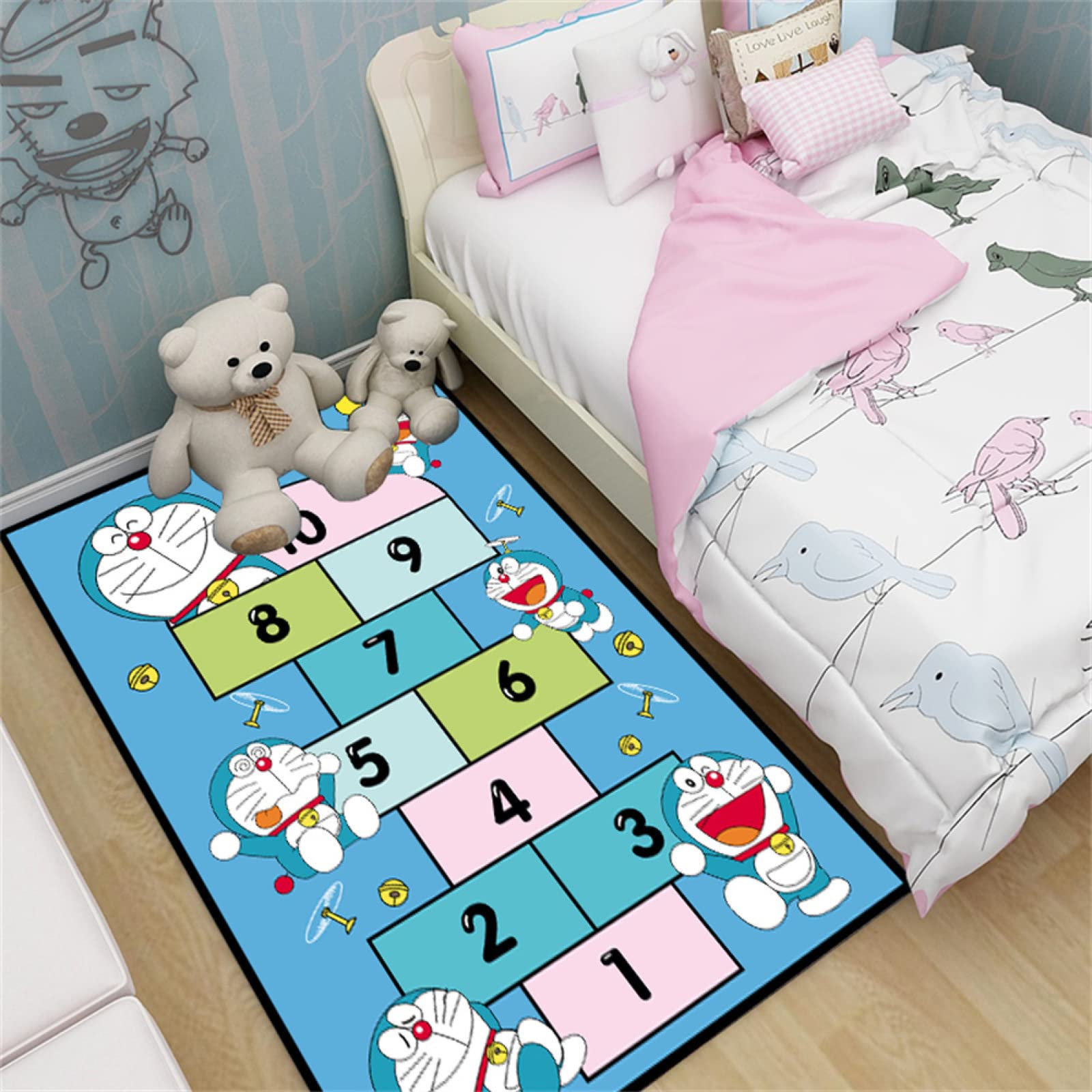 Tapis de salon shaggy pliable bleu pour créer un espace de jeu douillet dans la chambre