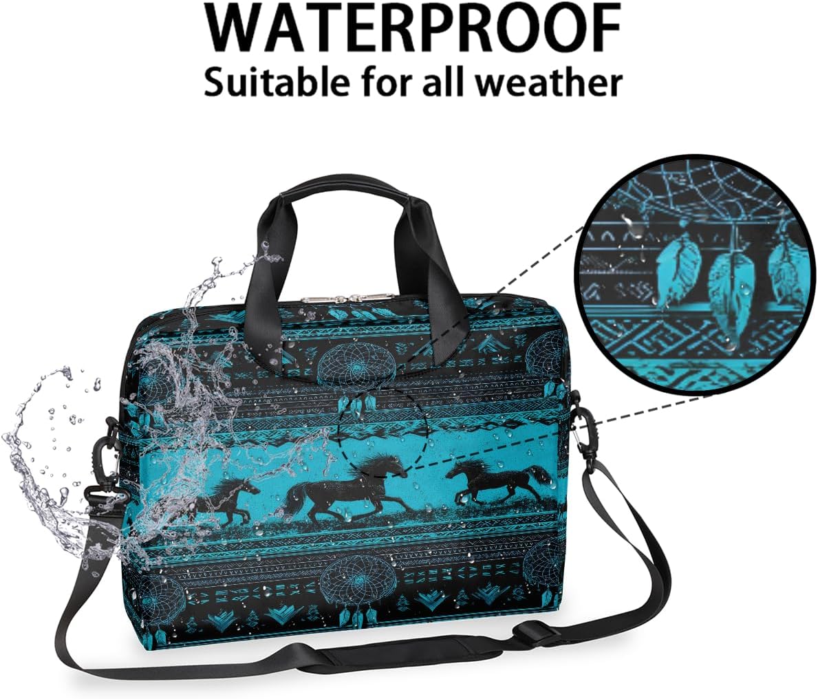 Laptop Bag Aztec Horses Turquoise Laptop Handle Bag Satchel Briefcase Adjustable shoulder Carrying Travel Computer Case for 15 inch-16 inch