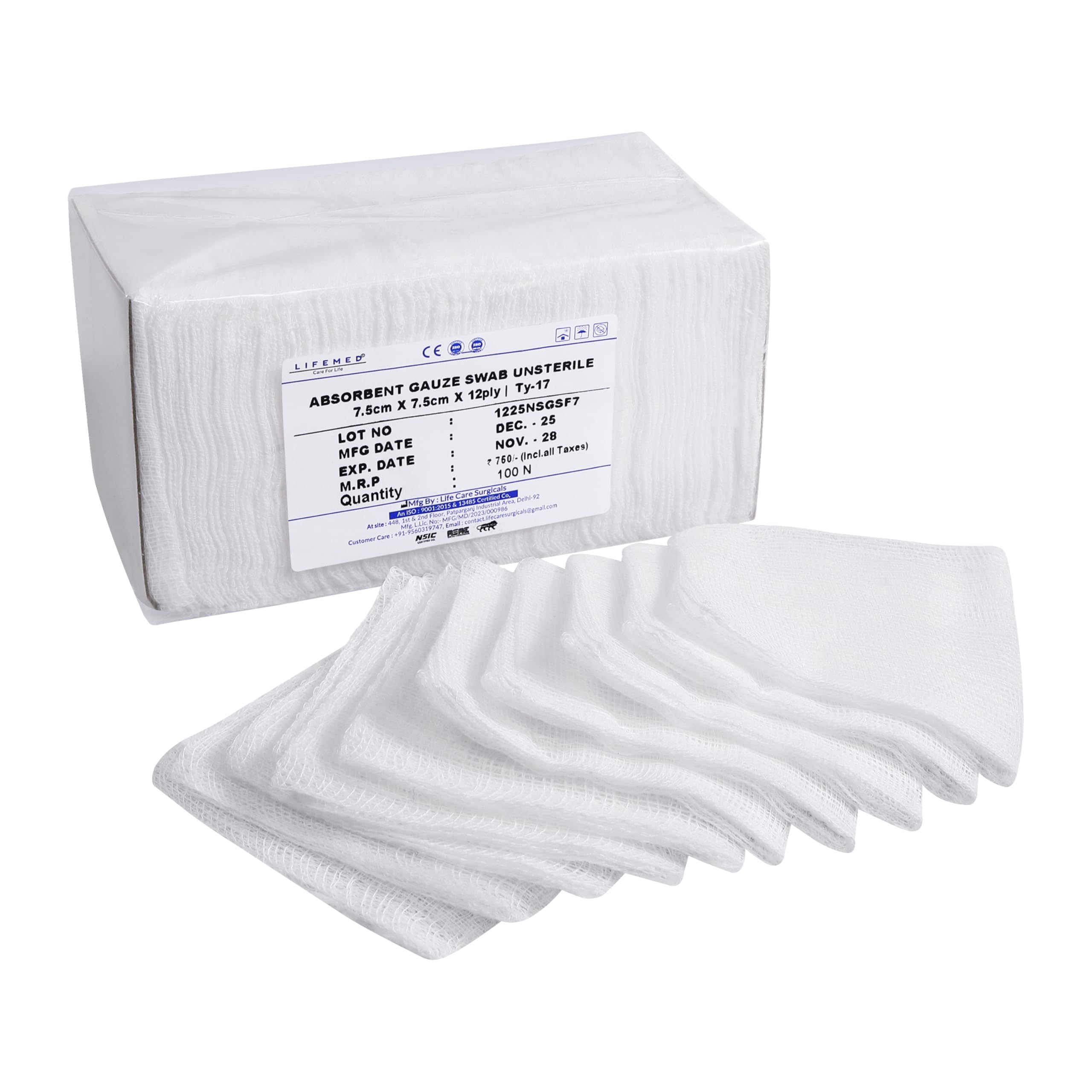 LIFEMED Non-Sterile Gauze Swab 7.5cm x 7.5cm x 12Ply (Pkt of 100 Gauze)