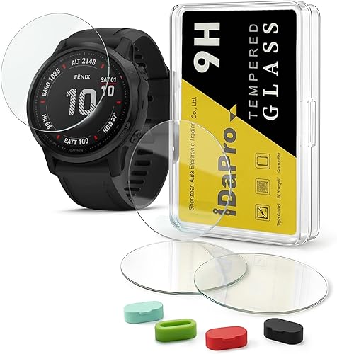Paquete de 4 protectores de pantalla para Garmin fenix 6S / 6S Pro / 6S Sapphire GPS 1.654 in Watch + tapones de silicona antipolvo vidrio templado