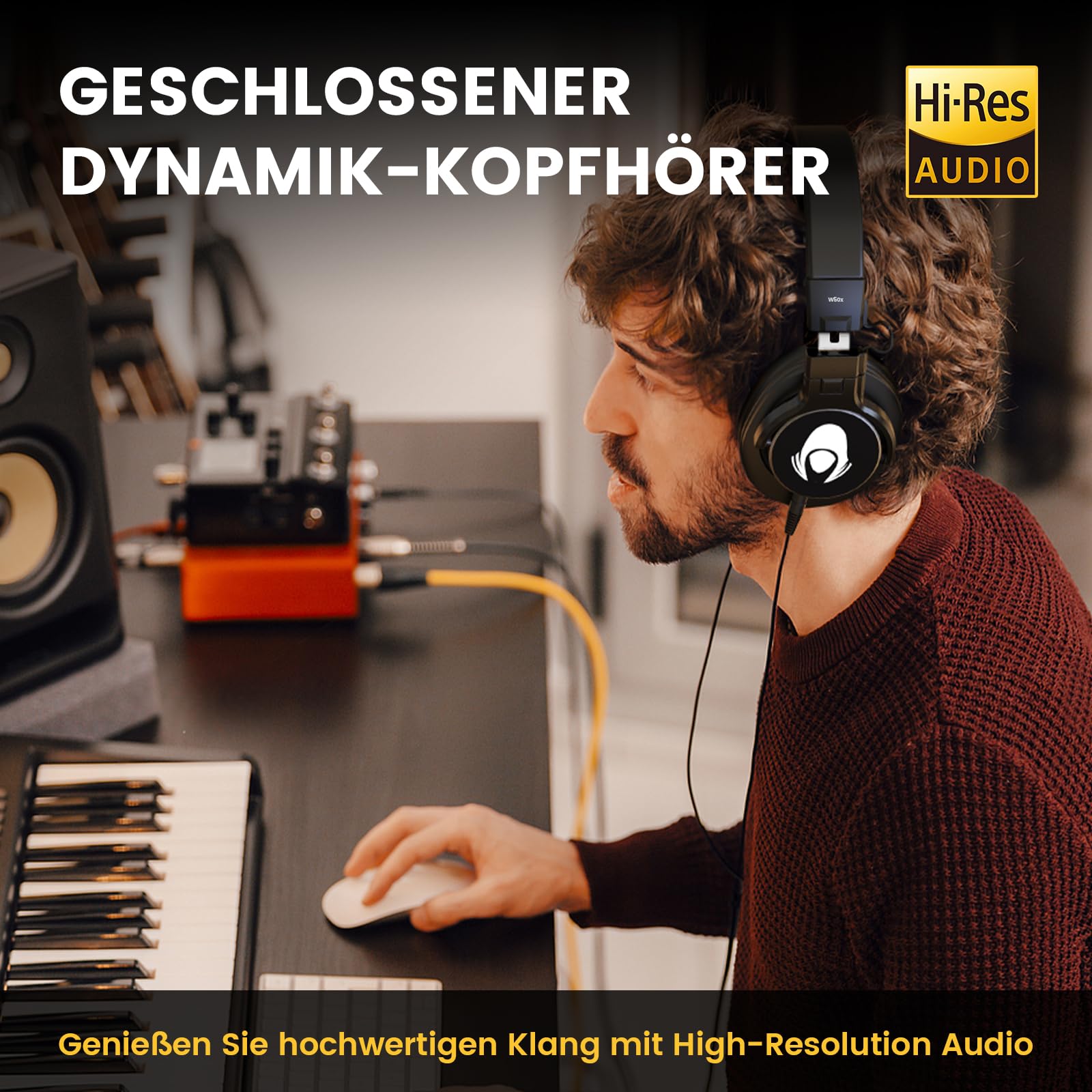 talomen W50X Over Ear Kopfhörer mit Kabel,HiFi Stereo Kopfhörer mit 50 mm Lautsprecher,Musik Kopfhörer mit 3m langem Kabel,3.5mm Klinke,6.35mm Adapter,für Studio,Podcast,Monitor, Handy,PC