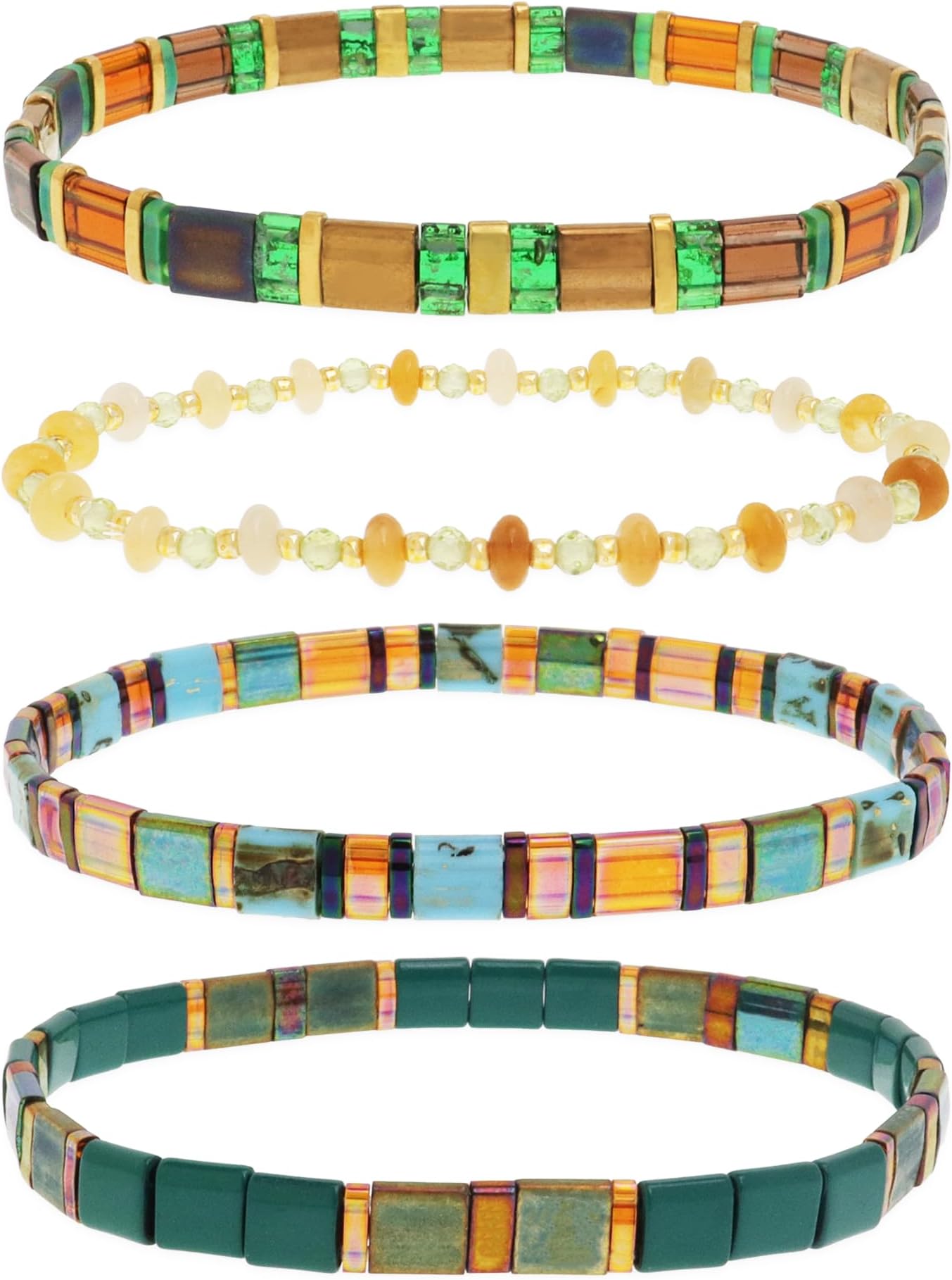 Tila Flat Gold Beaded Bracelets Stack Set for Women, Boho Colorful Handmade Gemstone Miyuki Glass Beads Stretch Festive Holiday Accessories Jewelry Gift.