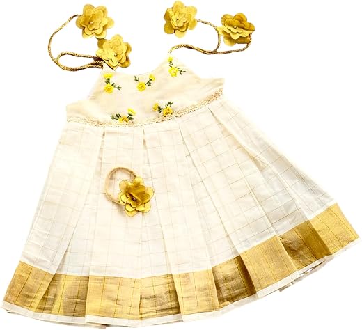Picksparrow Newborn Baby Girl Ethnic Dress/Traditional Frock with Head Band (Kerala Kasavu, Hand- Embroidered)