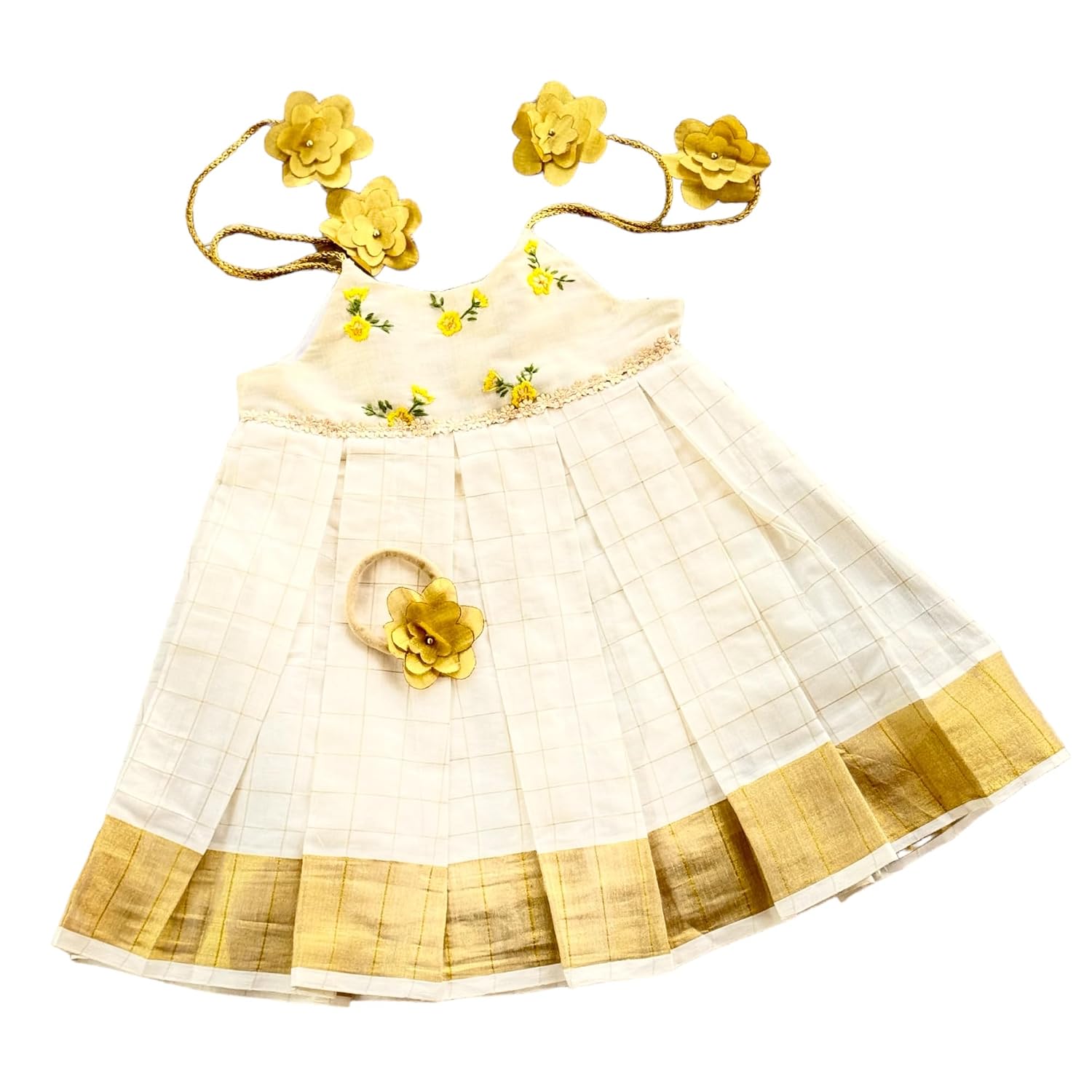 Picksparrow Newborn Baby Girl Ethnic Dress/Traditional Frock with Head Band (Kerala Kasavu, Hand- Embroidered)