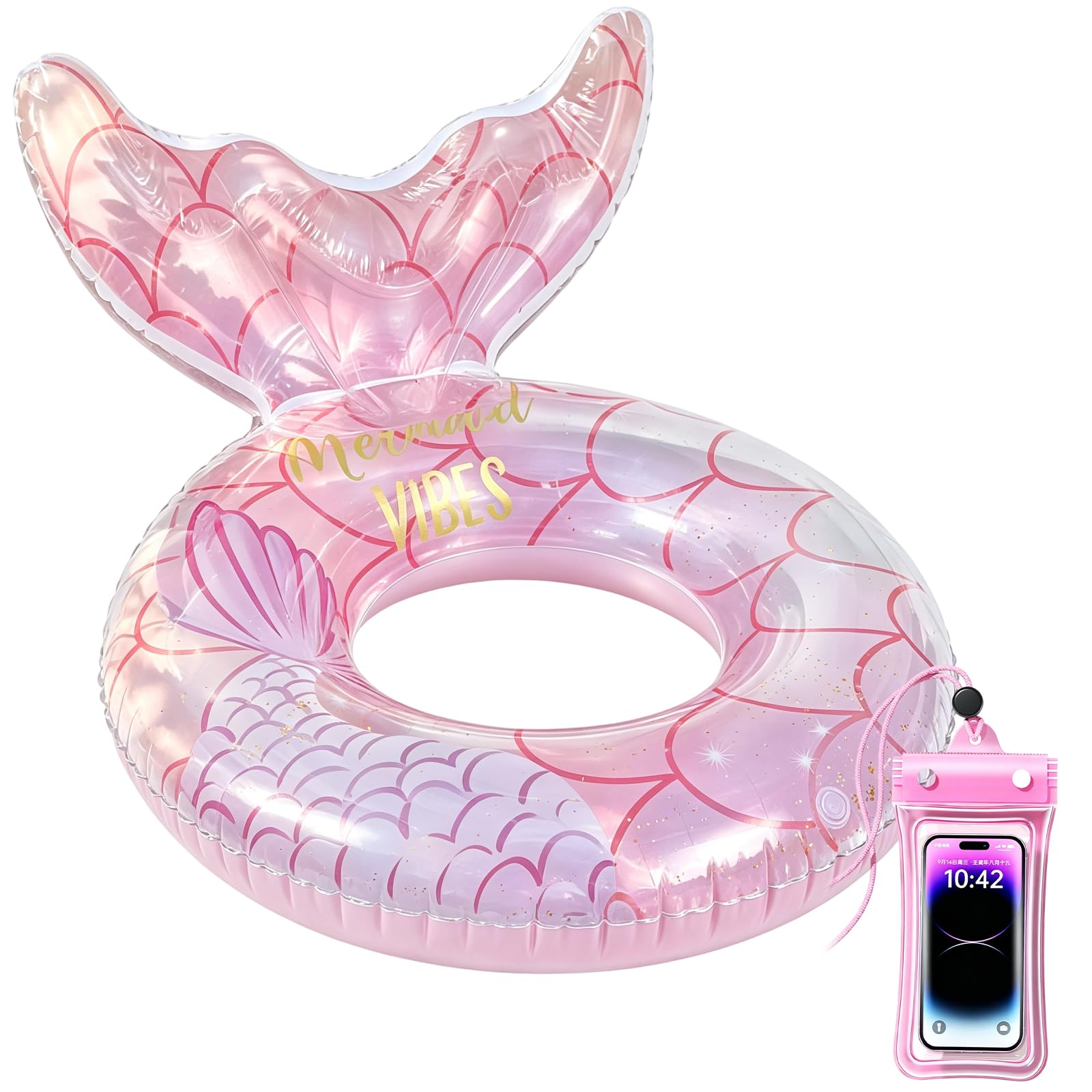 Mermaid Tail Inflatable Swimming Ring with Phone Waterproof Pouch, Pink Glitter Glitter Pool Float Tube, Large Rubber Swim Ring for Adults, Summer Beach Pool Party Float Decorations