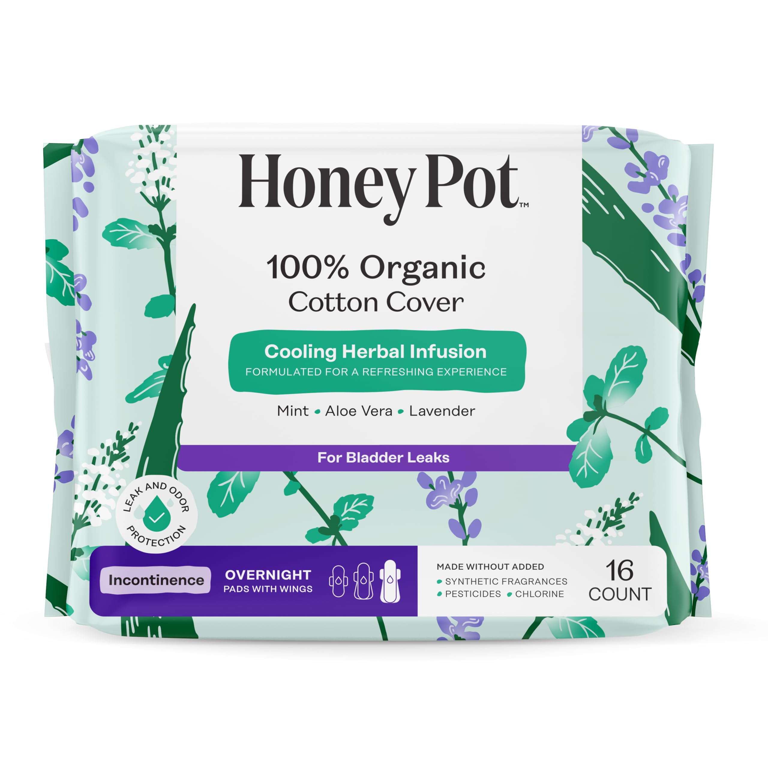 The Honey Pot Company - Herbal Pads for Women - Organic Incontinence Overnight w/Wings - Infused w/Essential Oils for Cooling Effect - Postpartum Essentials - Feminine Care - 16 ct