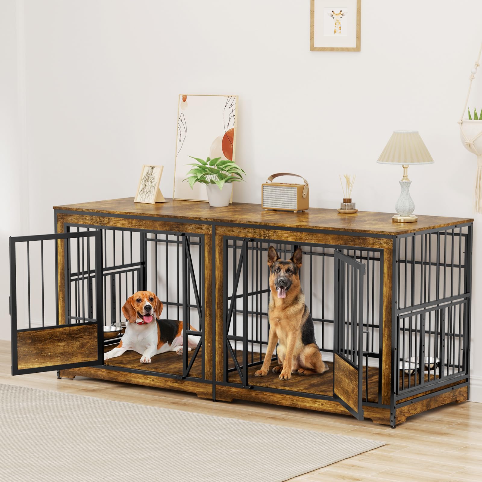 71 Inch Double Dog Crates Furniture for Large Dogs, Heavy Duty Dog Kennel Indoor with Adjustable Divider and 4 Bowls, XXL Dog Cage Furniture TV Stand