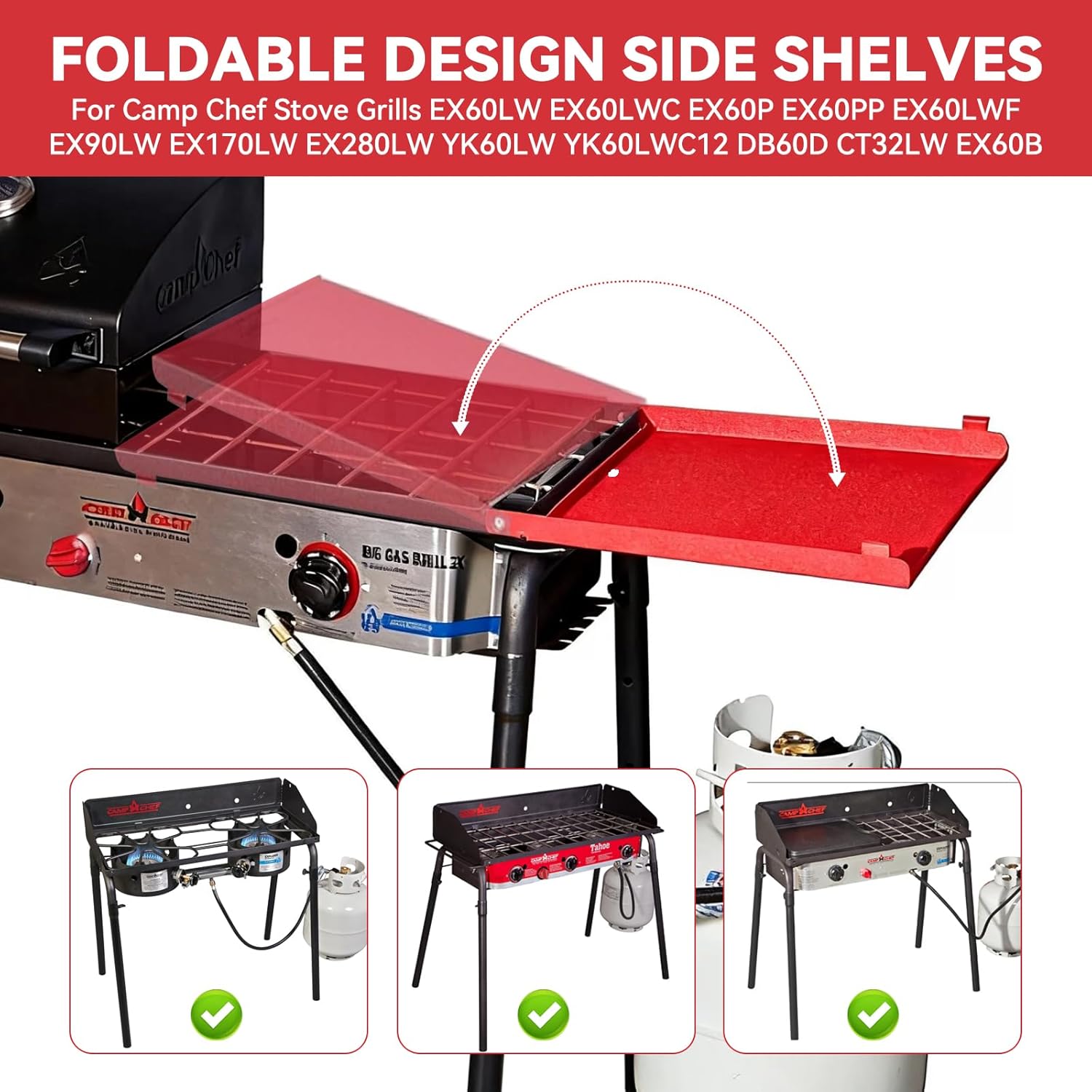 Folding Side Shelf for Camp Chef Two Burner Stove, 2 Pack Side Shelves for Camp Chef EX60LW EX60LWC EX60LWF EX90LW EX170LW EX280LW YK60LW Stove Grills, 14.5" x 14.5"