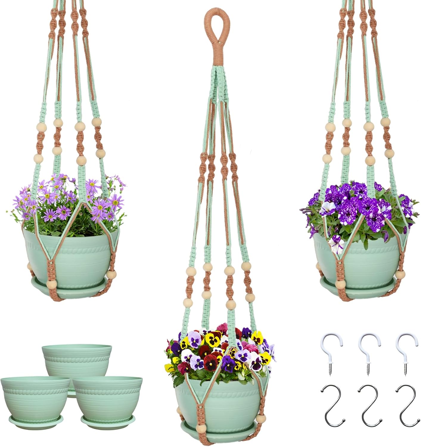 Macrame Plant Hanger with Pot, 3 Set Hanging Planters for Indoor Plants, Handmade Cotton Rope Boho Home Decor, Idea Gift for Anyone, Includes Plant Holders, Pots, Plates and Hooks (Mixed Color-1)