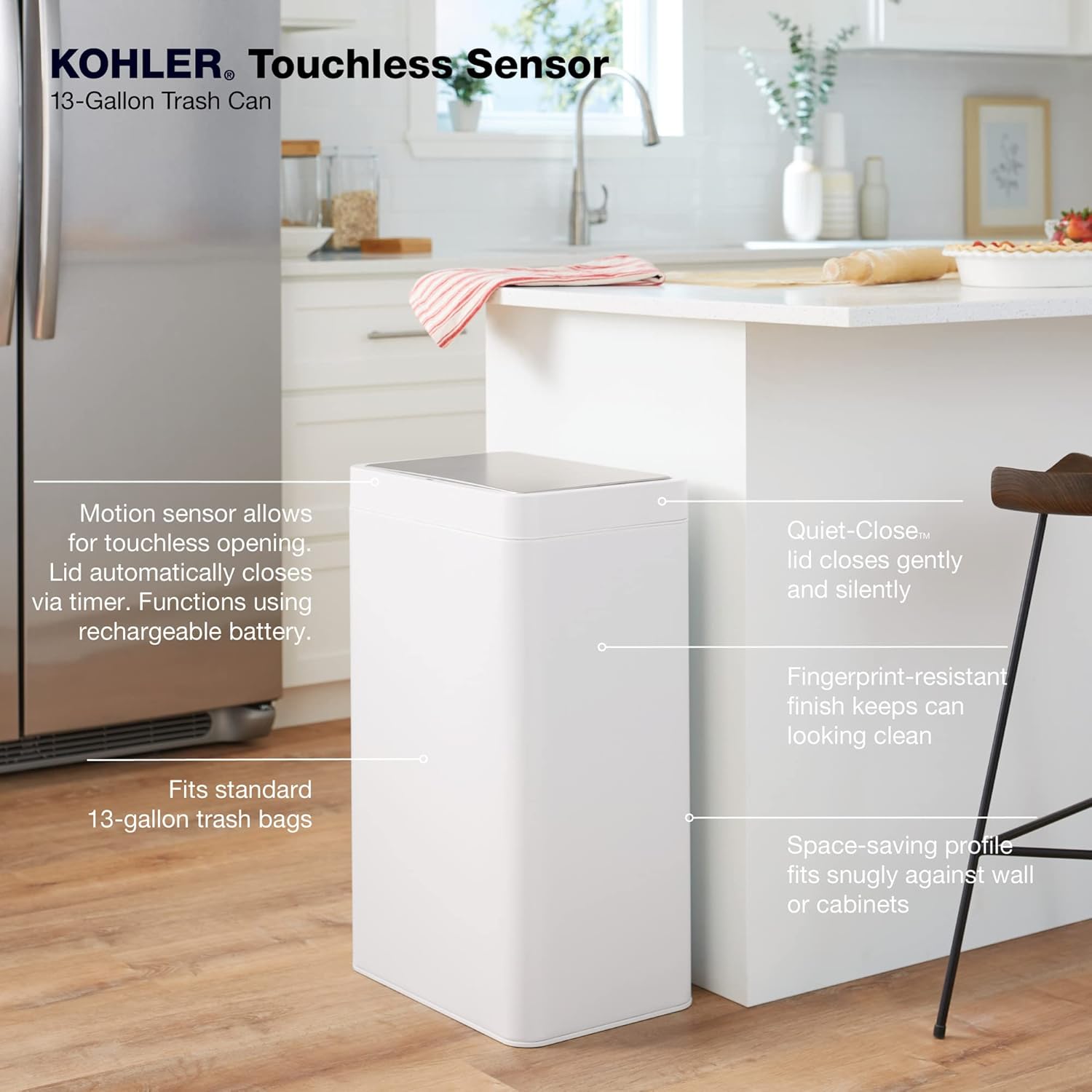 Kohler 23825-STW 13-Gallon Touchless White Stainless Steel Trash Can, Hands-Free Motion Sensor Lid, Durable, Fingerprint-Resistant, Easy to Clean, K-23825-STW