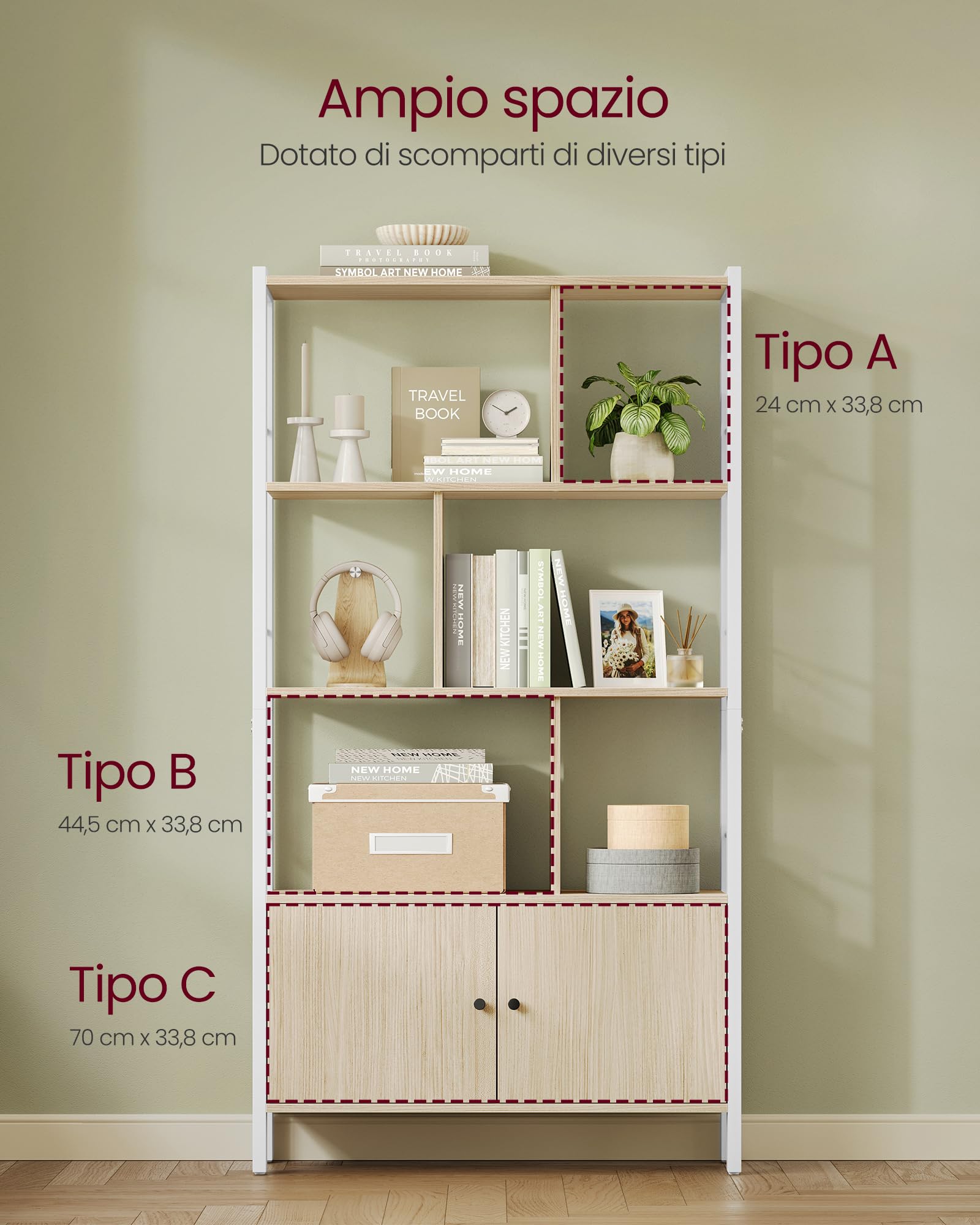 VASAGLE Libreria, Scaffale Portaoggetti, Libreria Verticale a 4 Ripiani, Mobile per Salotto Studio Ufficio Cucina, Struttura in Acciaio, Stile Moderno, Beige Naturale e Bianco Nuvola LBC022LL01