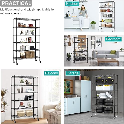 Miniatura 7 de BLKMTY Estantería de alambre de 6 niveles, estantes de almacenamiento ajustables, estante de metal con ruedas, estante de alambre para garaje,