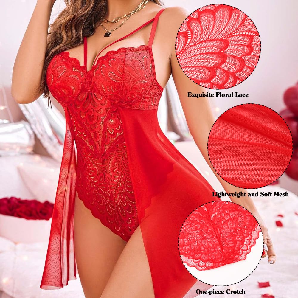 Feng Shui Damskie seksowne body Teddy komplet bielizny przepuszczalność kwiecista miękka koronkowa koszulka siateczkowa przezroczysta babydoll koszula nocna głębokie V peniuary niegrzeczna sukienka