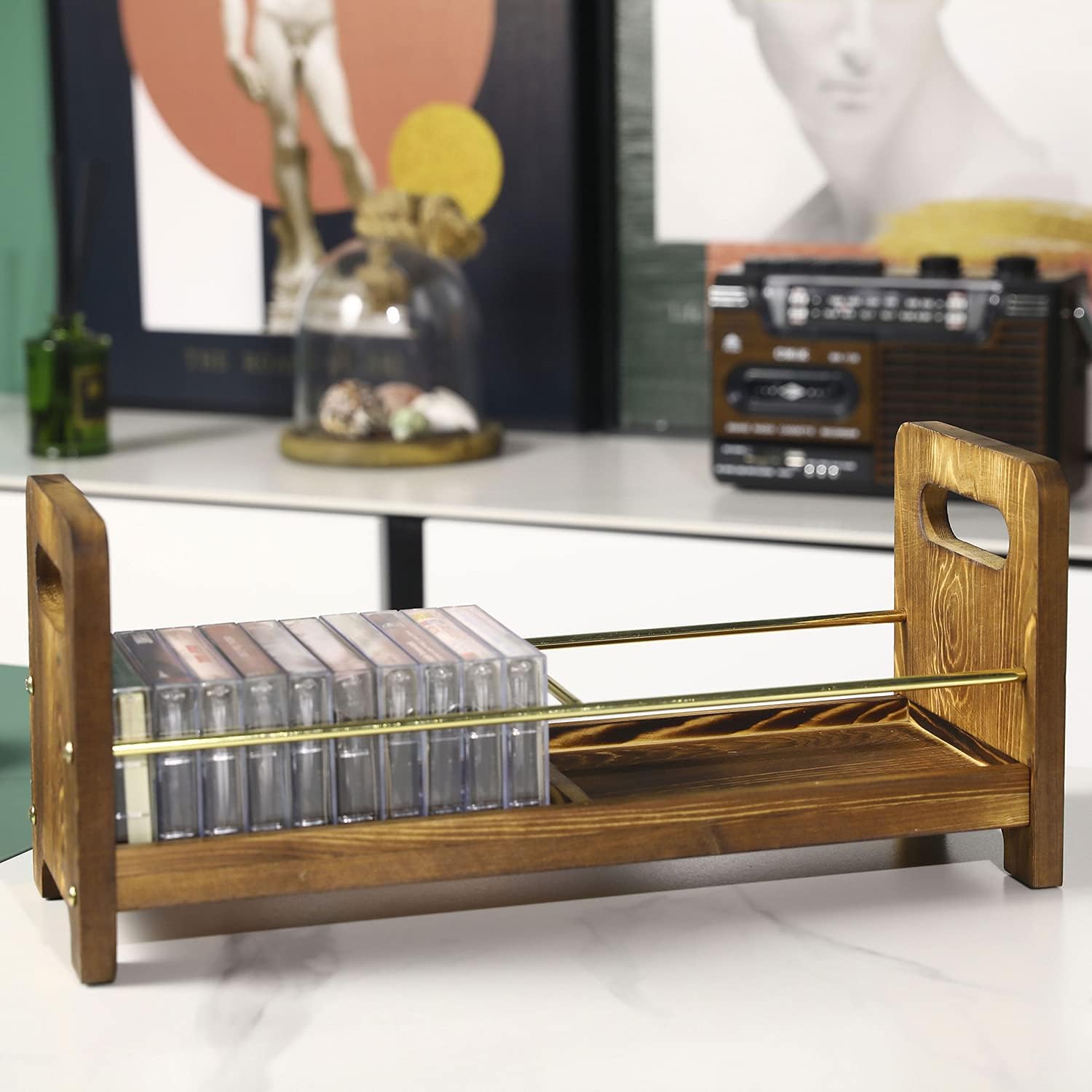 MyGift Burnt Wood Cassette Tape Storage Rack with Brass Metal Wire Frame, Nostalgic Retro Cassette Case 20 Capacity Holder : Home & Kitchen