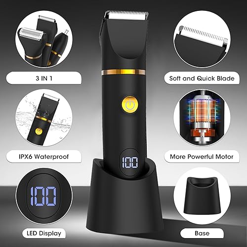 Miniatura 2 de Afeitadora de vello corporal para hombre: recortadora de pelo púbico, afeitadora eléctrica versátil 3 en 1 para ingle, cara, barba, nariz,