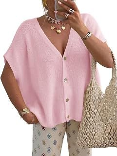 NewHer Womens Oversized Cardigan Sweaters Tops Batwing Short Sleeve Cardigans Fall Lightweight Button Up V Neck Knit Sweater