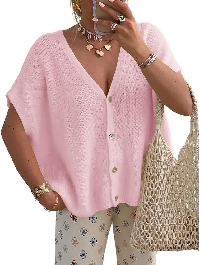 NewHer Womens Oversized Cardigan Sweaters Tops Batwing Short Sleeve Cardigans Fall Lightweight Button Up V Neck Knit Sweater