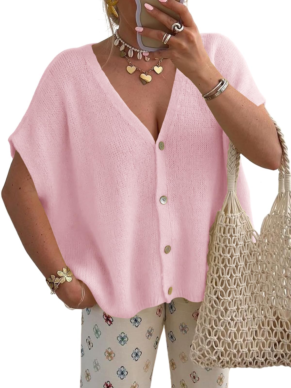 NewHer Womens Oversized Cardigan Sweaters Tops Batwing Short Sleeve Cardigans Fall Lightweight Button Up V Neck Knit Sweater