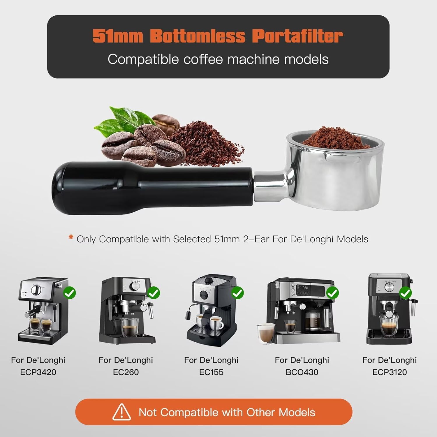 Upgraded 51mm Bottomless Portafilter 2 Ears for Delonghi ECP3420/BCO430/EC260 | Stainless Steel Filter Basket and ABS Handle