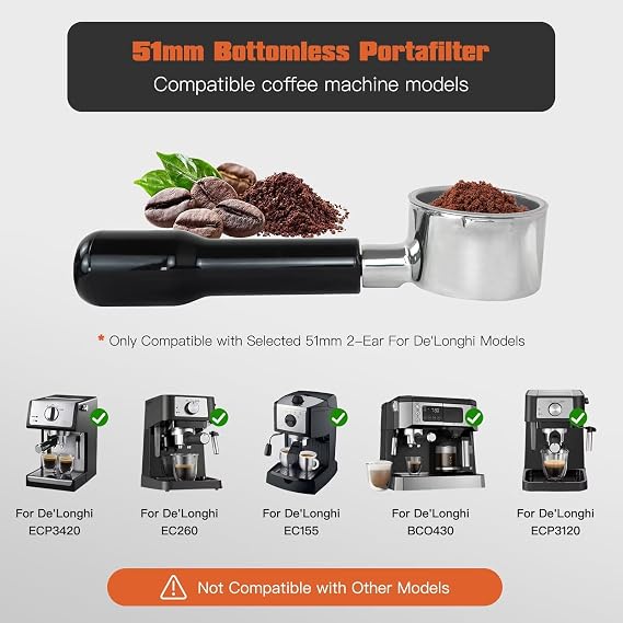 Upgraded 51mm Bottomless Portafilter 2 Ears for Delonghi ECP3420/BCO430/EC260 | Stainless Steel Filter Basket and ABS Handle