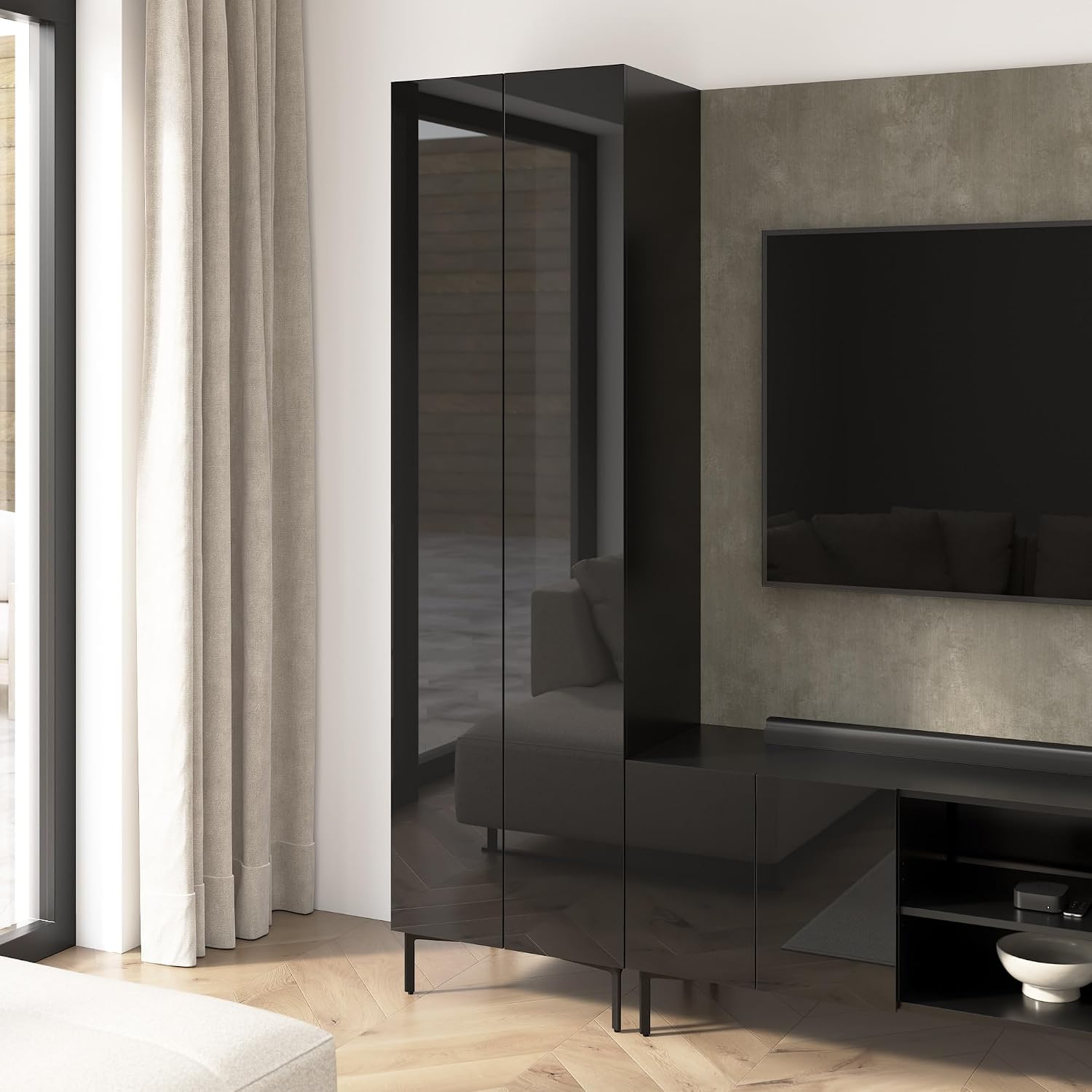 Bestar 24-inch Modular Tall Storage Cabinet with Doors and Metal Legs, Living Room Furniture, Barletta Collection, High Gloss Black