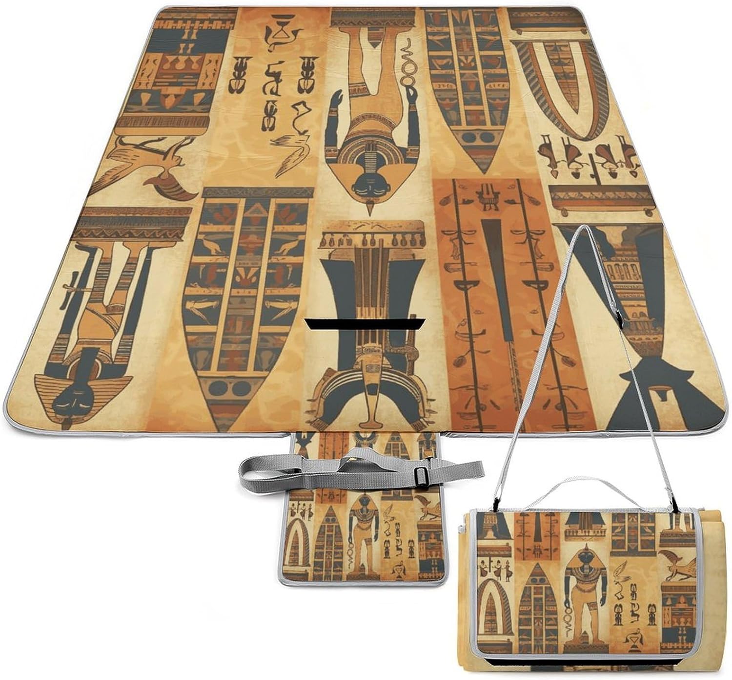 Ancient Egypt Tribe Series Waterproof Picnic Blanket 58.3''x58.3'',Portable and Foldable Picnic Mat with Handle,Outdoor Blankets for Lawn Park Beach Travel