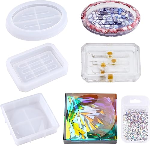 NiArt Kit de moldes de silicona de resina epoxi de 3 formas ovaladascuadradasrectangulares + lentejuelas de estrella, bandeja de joyería, soporte