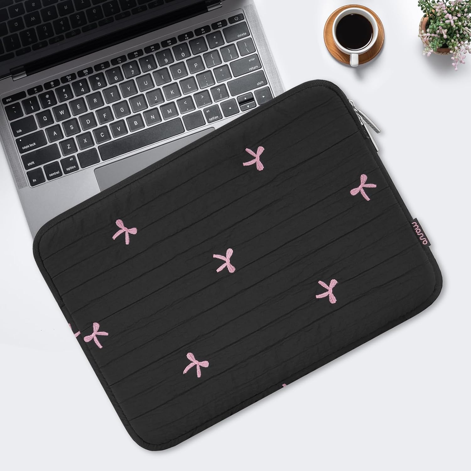 MOSISO 13-14 inch Laptop Case, 13.3 inch Puffy Laptop Sleeve Compatible with MacBook Air 13.6 M4 M3 M2 M1/Pro 13/Pro 14, HP Dell ASUS Lenovo, Striped Quilted Computer Bag with Embroidered Bow, Black - Image 8