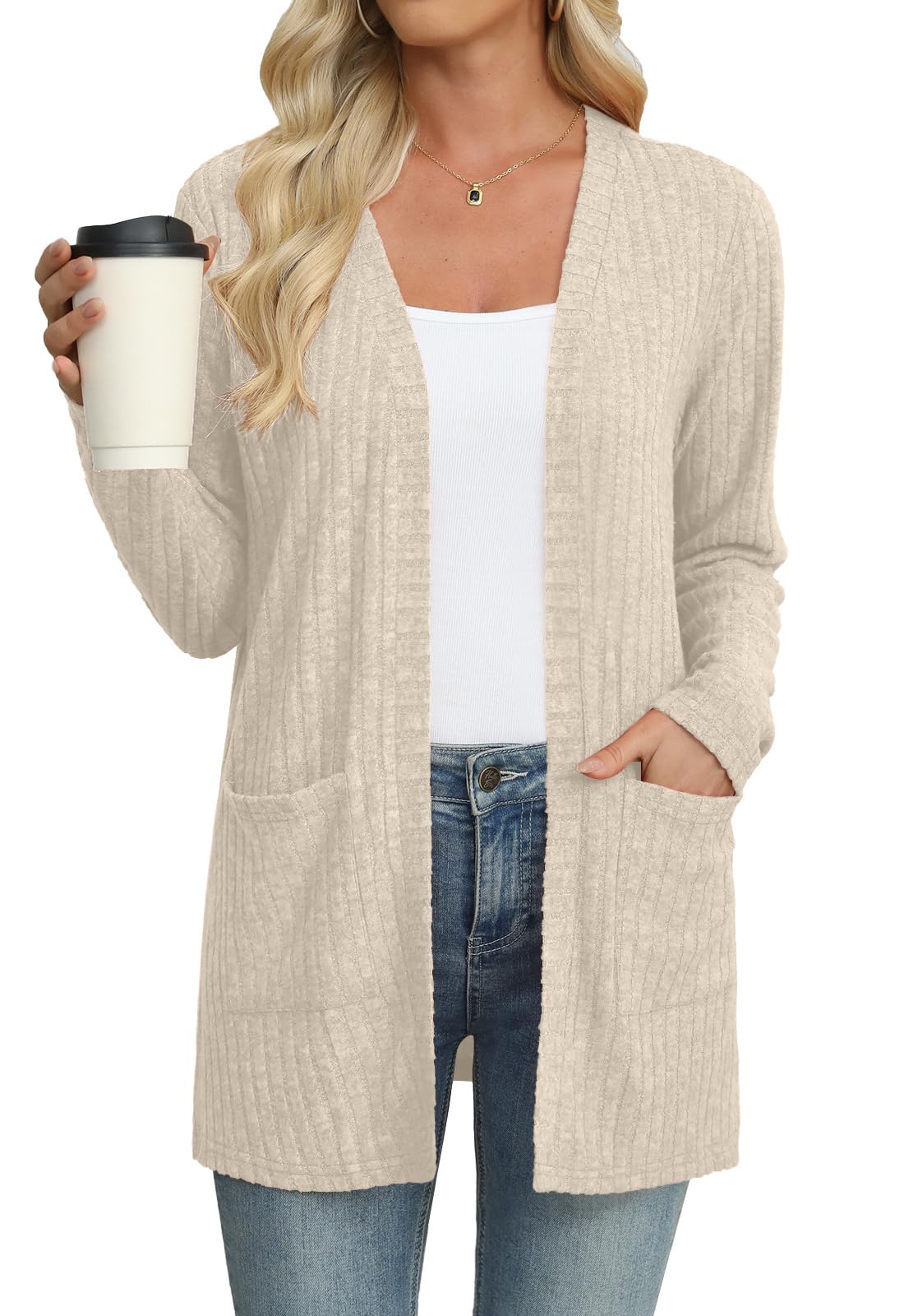Womens Lightweight Cardigans Long Sleeve Sweaters Knit Open Front Casual Cardigan Sweater with Pockets