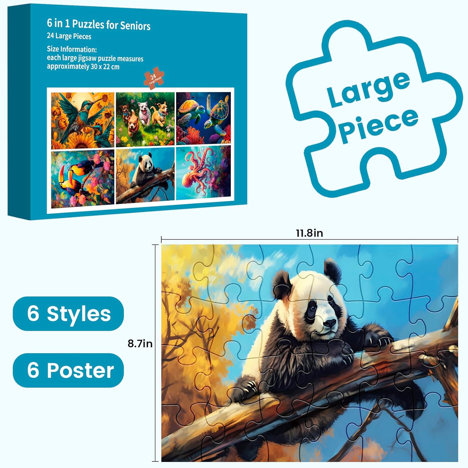6 Pack 24 Large Piece Puzzle for Seniors Paper Dementia Puzzles for Elderly Adults Easy Puzzle Hummingbird Turtle Dog Panda Jigsaw Puzzle Activities for Elderly Seniors Gift